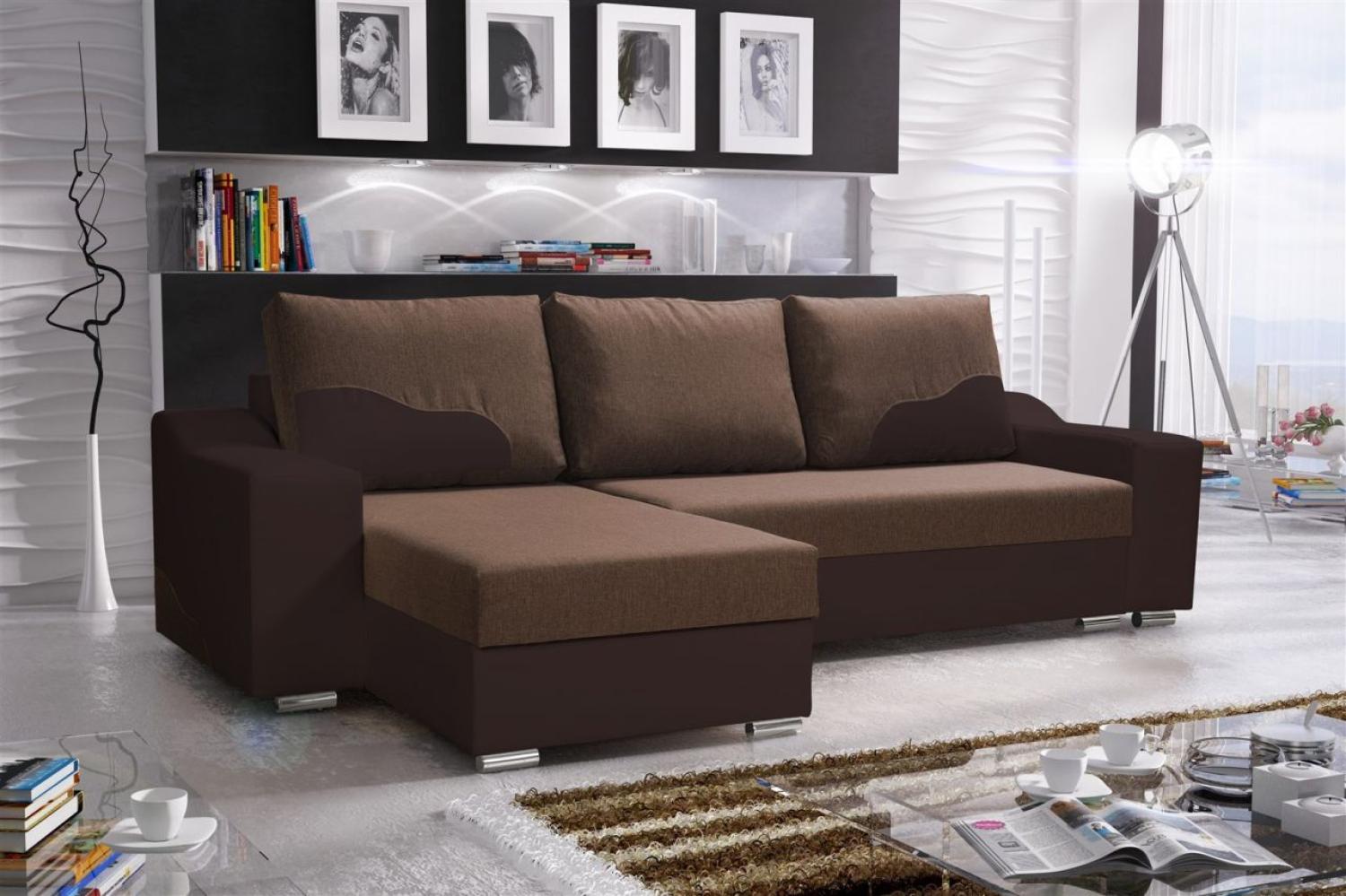 Ecksofa Sofa COLLIN mit Schlaffunktion Schwarz / Braun Ottomane Links Bild 1