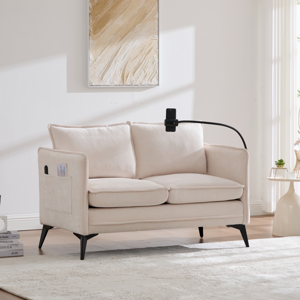 LVHOM 2-Sitzer Sofa mit Handyhalter und USB, Doppelsofa mit Seitentaschen, Polstersofa Zweisitzer mit Chenille Bezug, Beige Bild 1