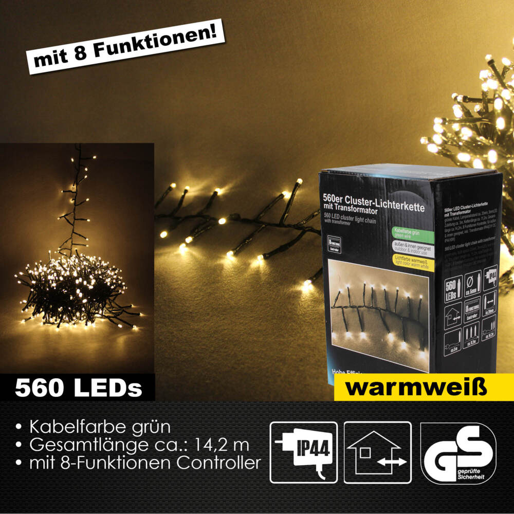 560er Cluster LED Lichterkette Außen & Innen 8 Lichteffekte Deko IP44 warmweiß Bild 1