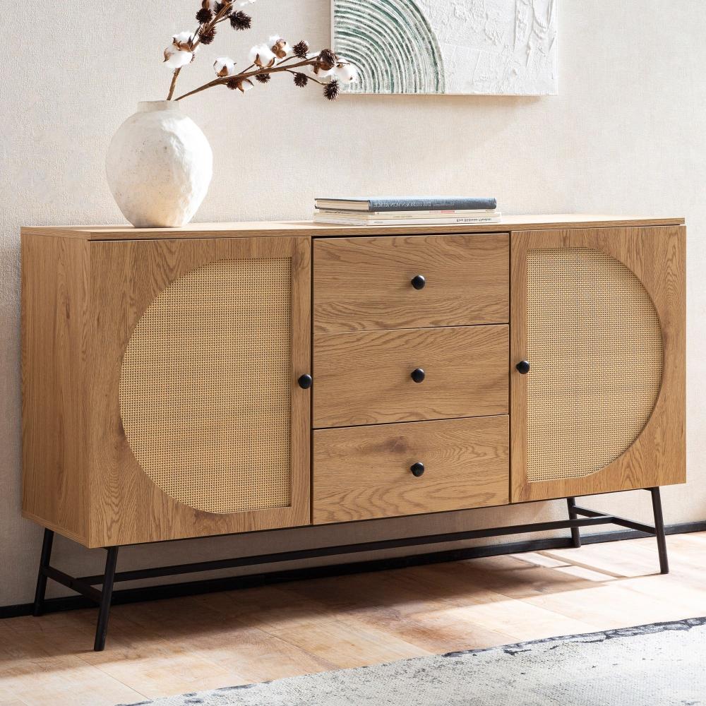 FINEBUY Sideboard FB103436 (140x80x40 cm Anrichte, Eiche-Dekor Rattangeflecht), Kommode Türen & Schubladen, Hoher Kommodenschrank Bild 1