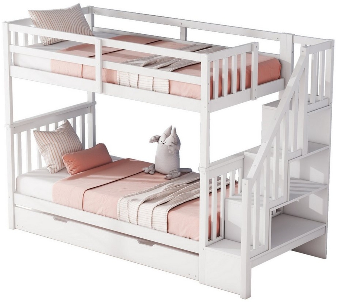 Ulife Etagenbett Kinderbett Jugendbett mit Treppenregal, hohe Geländer, ausgestattet mit ausziehbares Rollbett, 90x200cm/90x190cm Bild 1