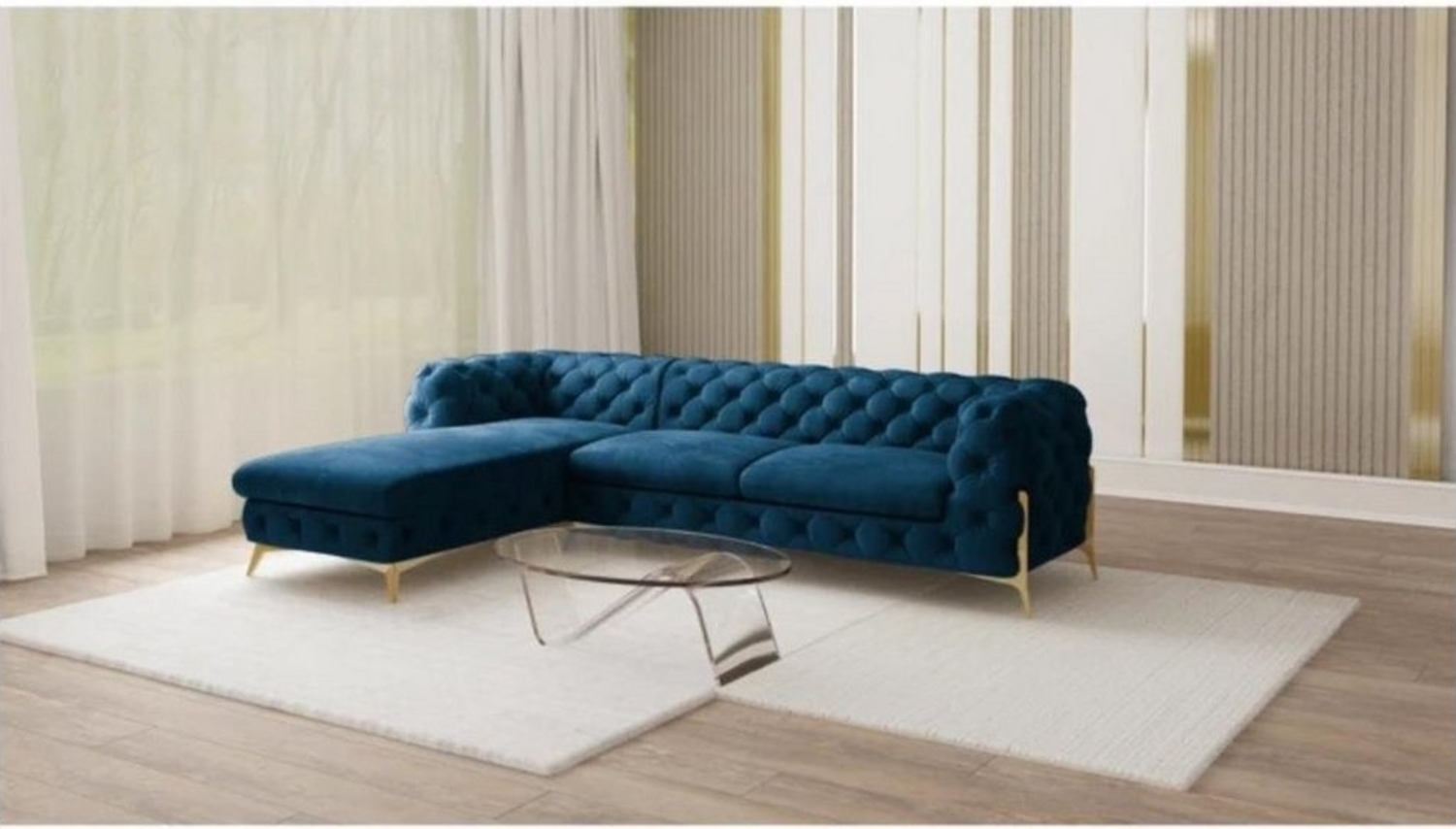 S-Style Möbel Ecksofa Ashley mit Ottomane, Chesterfield mit Goldenen Metall Füßen, Ottomane links oder rechts bestellbar, mit Wellenfederung Bild 1