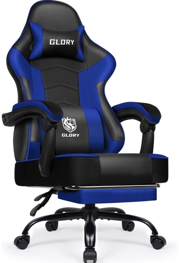 Gaming Stuhl Bürostuhl Ergonomisch Fußstütze Kopfstütze Lendenstütze Blau Bild 1