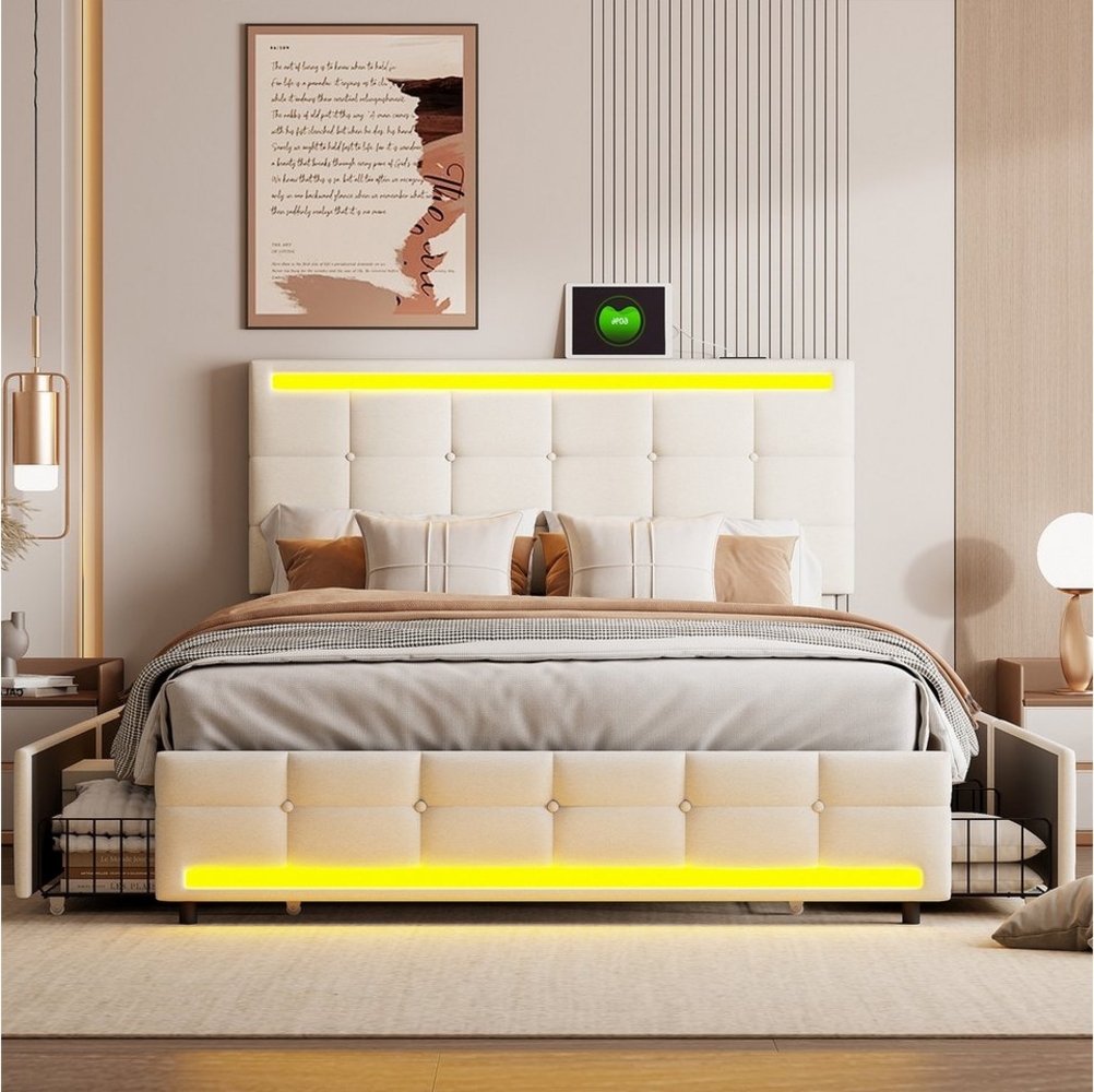 LuxeLiving Polsterbett LED Doppelbett (Geeignet für Jugendliche und Kinder), Stauraumbett,mit LED-Beleuchtung und USB/Type-C Anschlüssen,140x200cm Bild 1