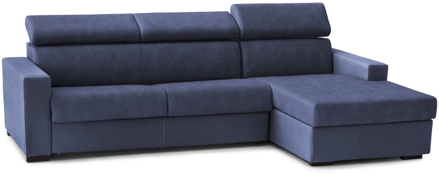 Dmora Schlafsofa mit Halbinsel Alibella, drehbares Sofa zum Öffnen, Aufbewahrungshalbinsel rechts, schmale Armlehnen, 100 % Made in Italy, 260 x 95 x 85 cm, Blau Bild 1