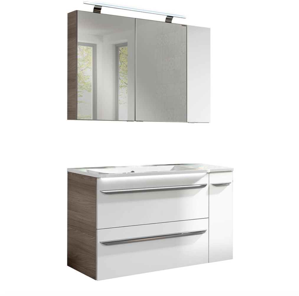 Fackelmann LUXOR Badmöbel Set 5-teilig 100 cm, Braun/Weiß + LED-Spiegelschrank + Badschränke rechts Bild 1