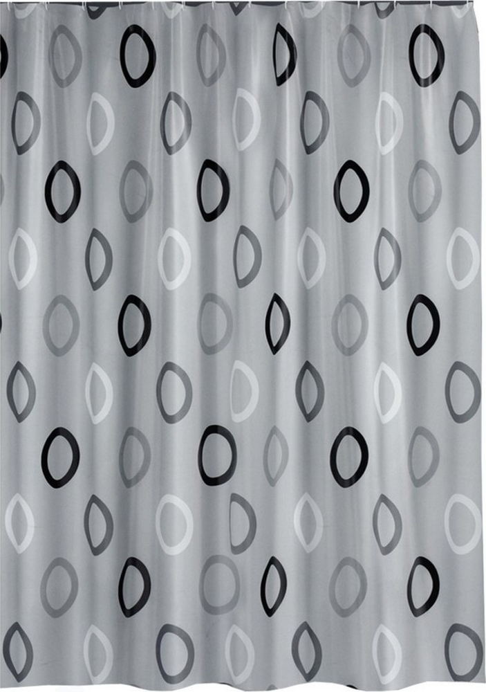 Ekershop Duschvorhang Textil Grau mit Weiß Schwarz Kreisen für Duschstange Breite 240 cm (inkl. Ringe), Höhe 200 cm, wasserabweisend, waschbar, bügelbar Bild 1