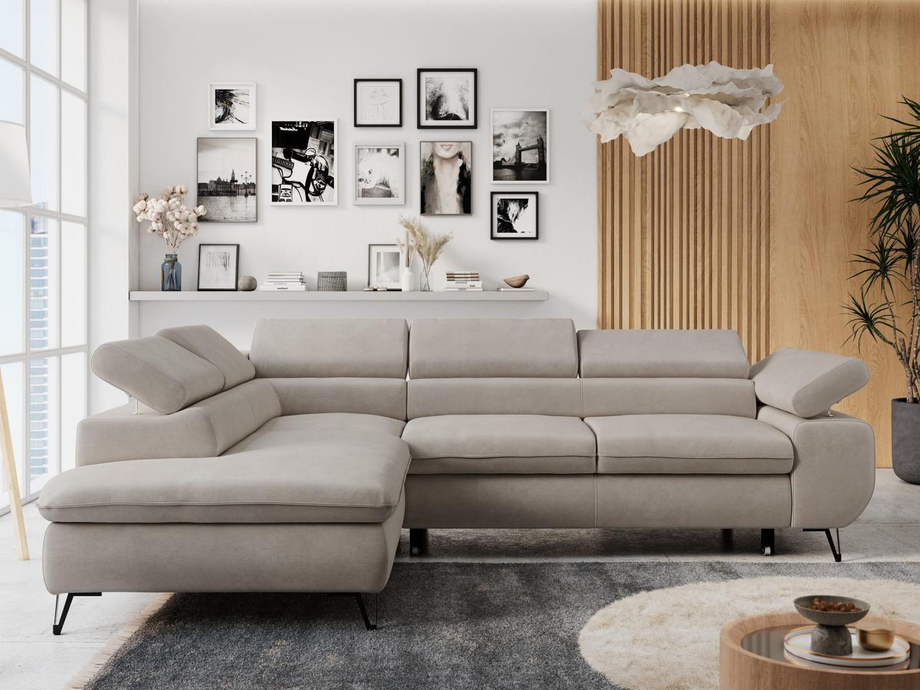 Ecksofa mit Bettfunktion, Modern Sofa, L-form, Einstellbare Kopfstützen, Bettkasten, PETER, 1x Ecksofa, 1x Topper, Beige, Mikrofaser, links Bild 1