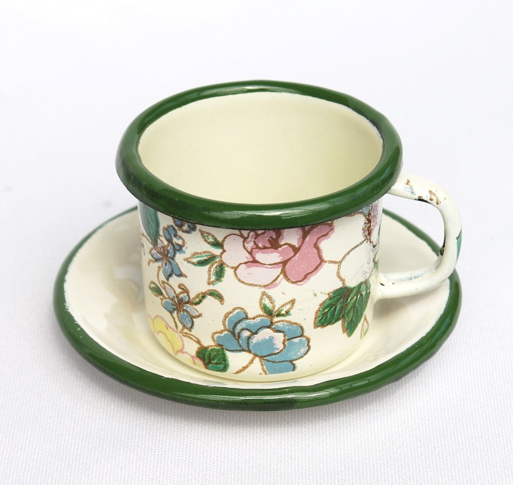 Emaille Tasse mit Untertasse BsB 11/61 Volldekor Becher emailliert 5cm Kaffeebecher Kaffeetasse Bild 1
