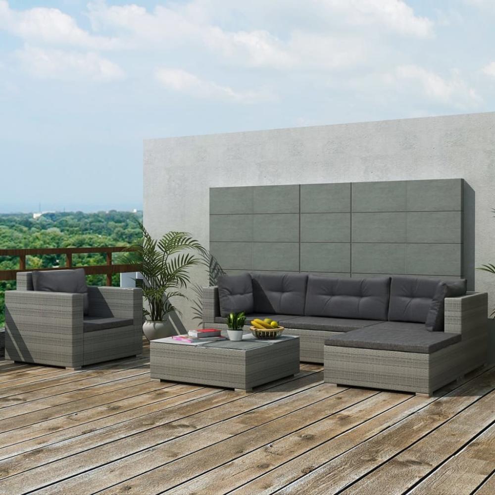 6-tlg. Garten-Lounge-Set mit Auflagen Poly Rattan Grau Bild 1