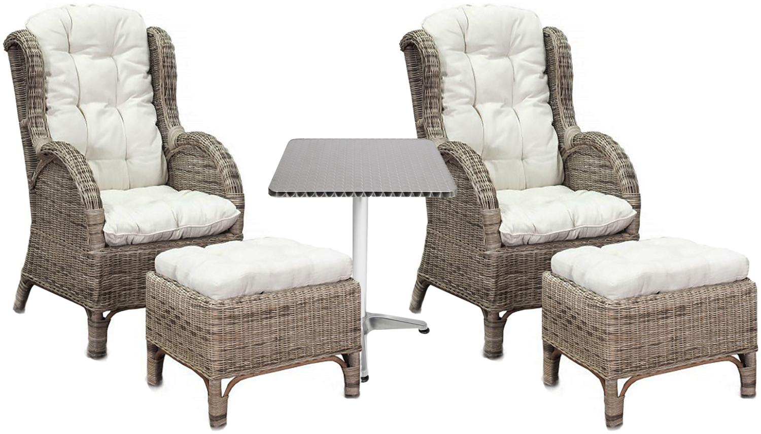 Luxus Rattan Set 2 x Relaxsessel mit Fußhocker + Bistrotisch eckig Bild 1