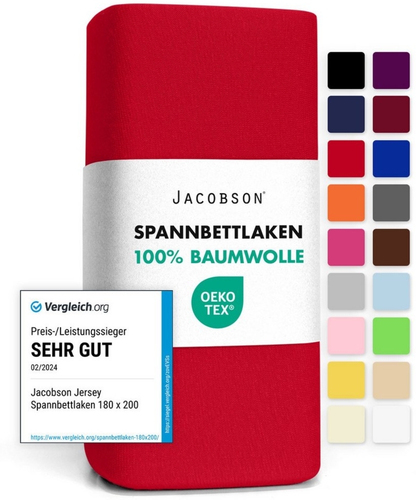 Jacobson Jersey Spannbettlaken Spannbetttuch Baumwolle Bettlaken (120x200-130x200 cm, Rot) Bild 1