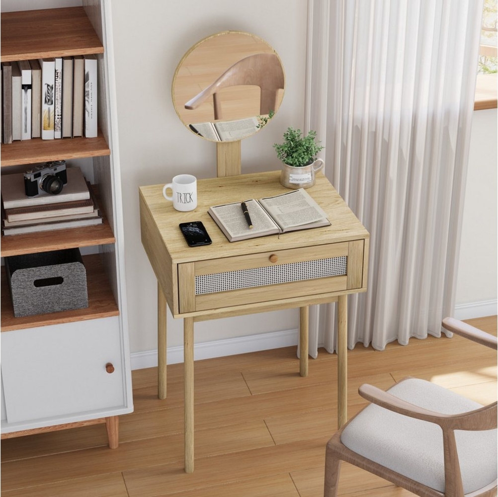 REDOM Schminktisch Kosmetiktisch,Schminktisch (Rattan Schminktisch mit Spiegel, kompakt & funktional für kleine Räume, Boho-Stil, ideale Aufbewahrungslösung, multifunktional als Schminktisch oder Bürotisch) Bild 1