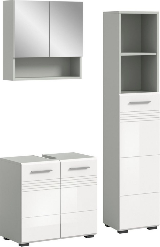 welltime Badmöbel-Set Calicio, bestehend aus: Waschbeckenunterschrank, Spiegelschrank, (3-St), Hochschrank, hochwertige MDF Front mit Rillenfräsung Bild 1