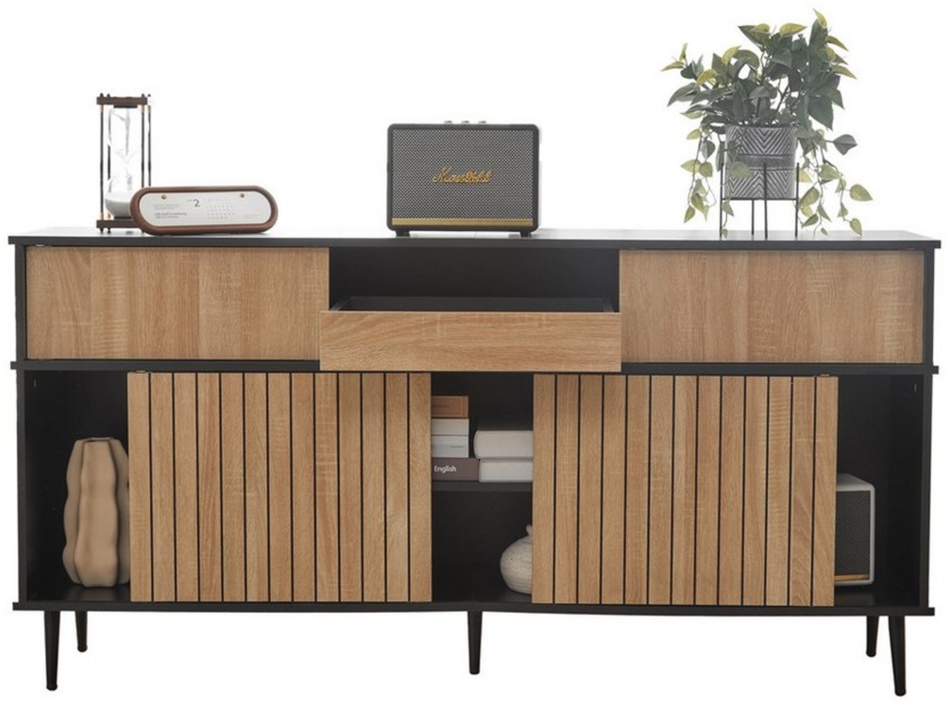 OKWISH Sideboard mit großem Stauraum (Kommode, Wohnzimmerschrank,Anrichte, 1 St, 4 Schiebetüren und 1 Schublade), mit Harmonisches Kontrastdesign, Eichenfarbe und schwarze Kombination Bild 1