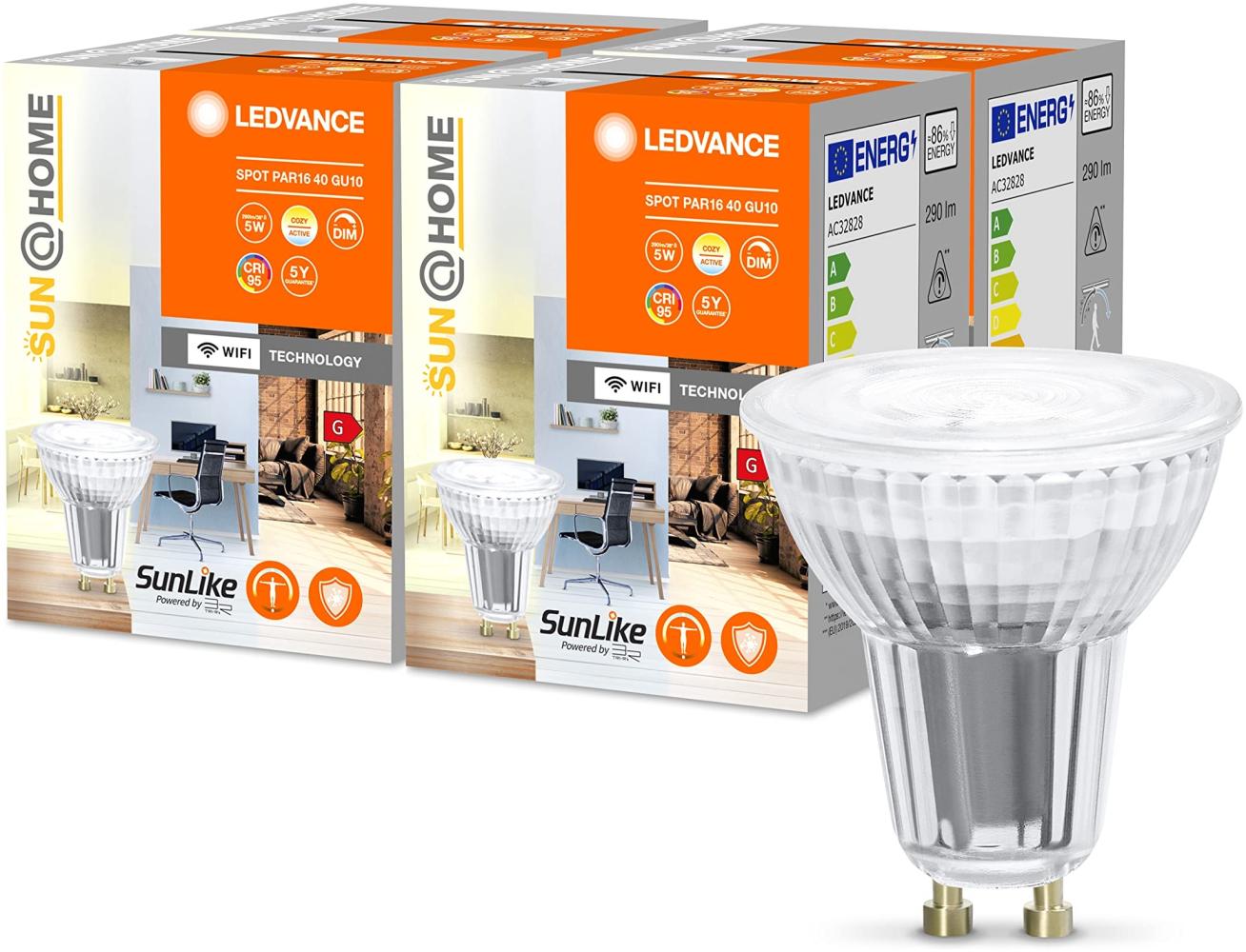 LEDVANCE SUN@HOME LED Lampe GU10 mit 4,9W ersetzt 40 W, 268 Lm, Sonnenlicht bis Kaminfeuer (2200-5000K), CRI95, SUN@HOME Smarte WIFI Leuchte per Alexa, google und App steuerbar, 4er-Pack Bild 1