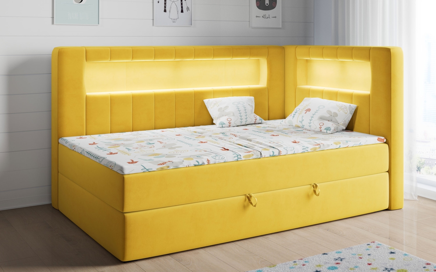 Boxspringbett mit LED, Einzelbett mit Bettkasten und Topper - JUNIOR GOLD 3 - 90x200 cm - Gelb - Rechte Seite Bild 1