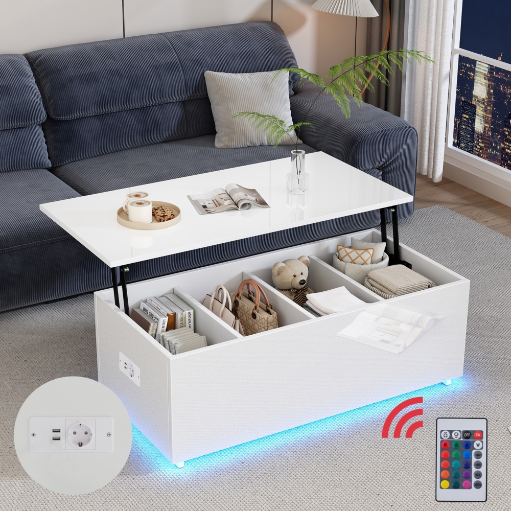 LED-Couchtisch 100x50x35 cm, weiß Hochglanz, 4 Ablagefächer, hydraulische Höhenverstellun Bild 1