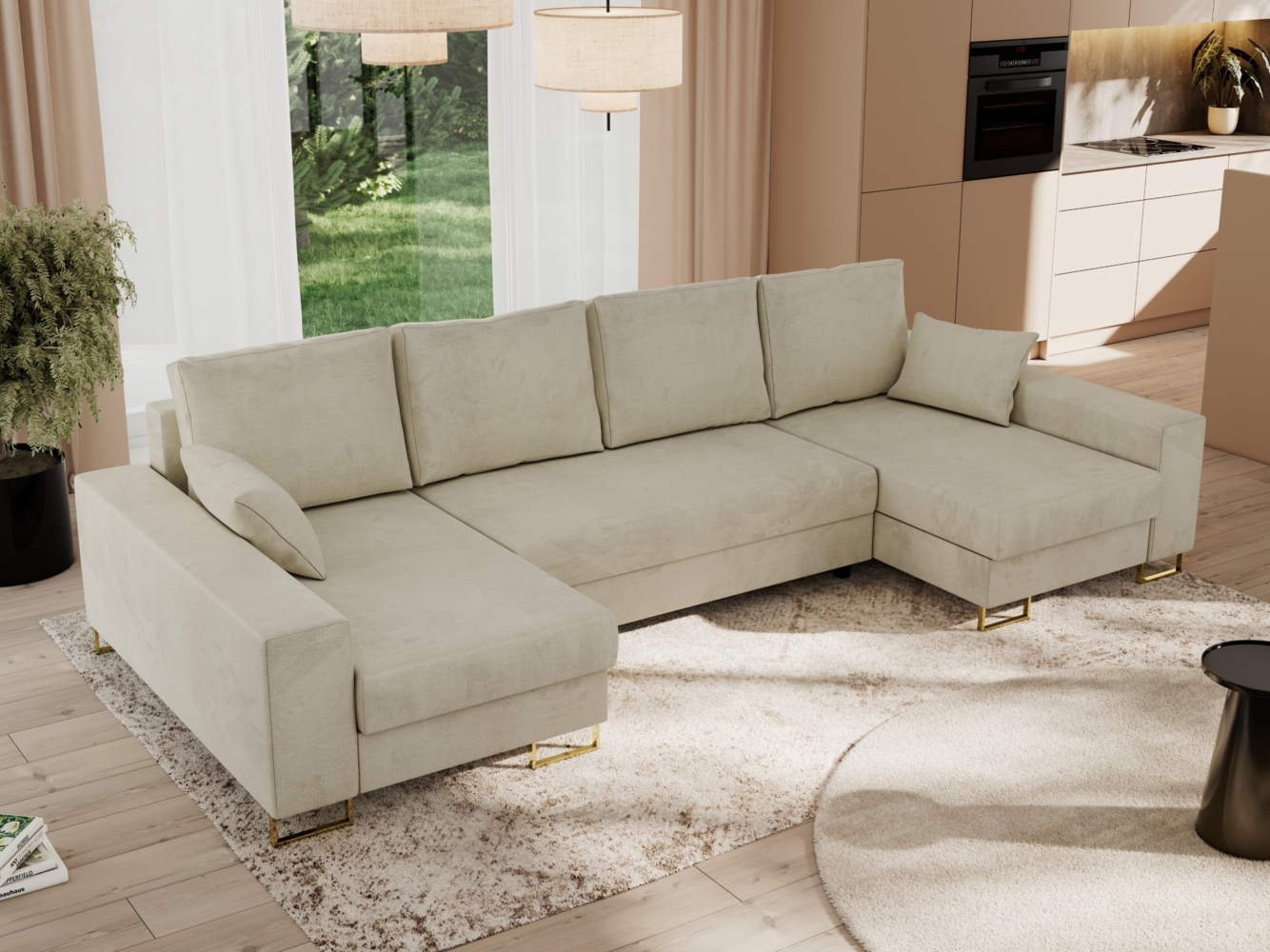 U-förmiges Ecksofa auf goldenen Metallbeinen, mit Schlaffunktion und drei Bettkästen für das Wohnzimmer - DORIAN U - Beige Velours Bild 1