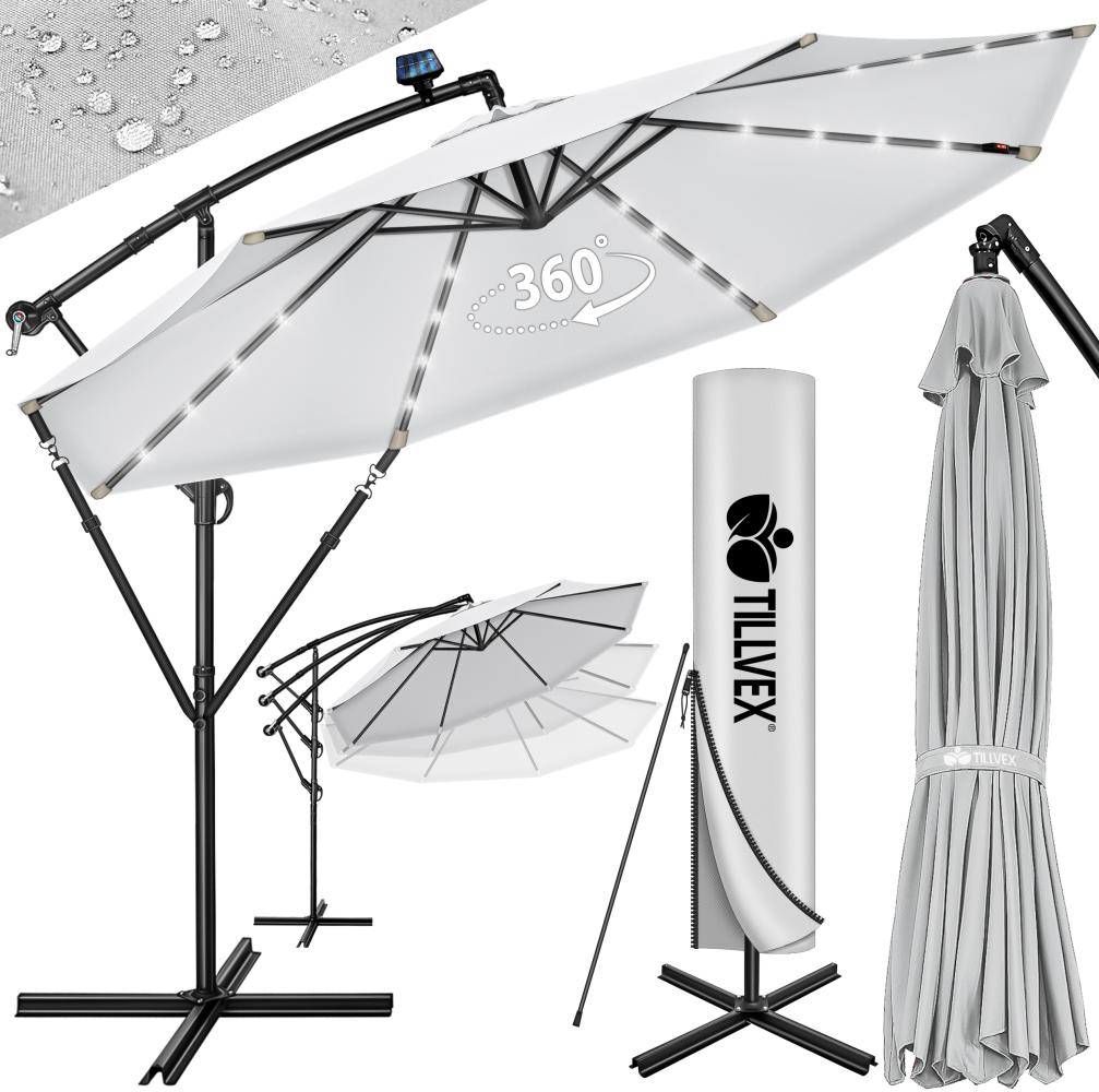 tillvex Alu Ampelschirm Grau LED Solar Ø 350 cm mit Kurbel | Sonnenschirm mit An-/Ausschalter | Gartenschirm UV-Schutz Aluminium | Kurbelschirm mit Ständer Marktschirm wasserdicht Bild 1