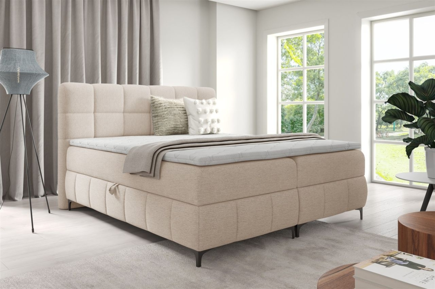 Boxspringbett Schlafzimmerbett SOPHIE 100x200cm Stoff Aragon Creme Bild 1