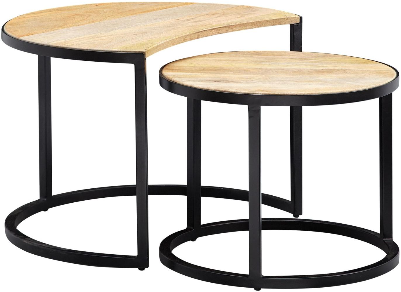 FineBuy Couchtisch 2er Set Mango Massivholz / Metall Wohnzimmertisch Rund | Industrial Beistelltisch mit Metallbeine Schwarz | Tischset 2-teilig Satztisch Holz | Schwarz Bild 1