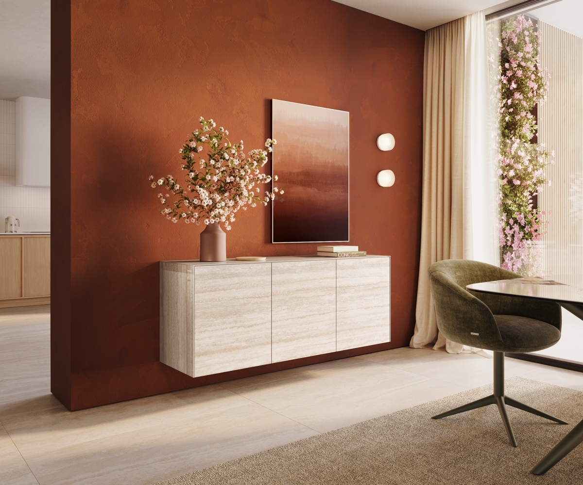 Sideboard Cuor 150 cm Keramik Laminam® Travertino Bianco Creme-Weiß 3 Türen Schwebend Bild 1