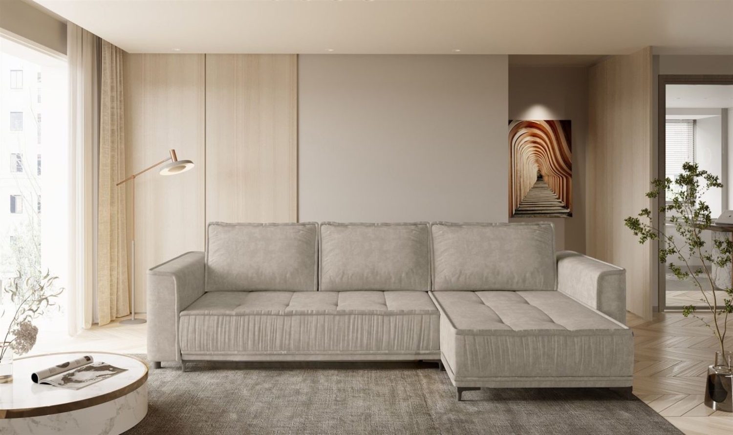 Ecksofa Schlafsofa Sofa JUNA Stoff Terra Beige Ottomane Rechts Bild 1