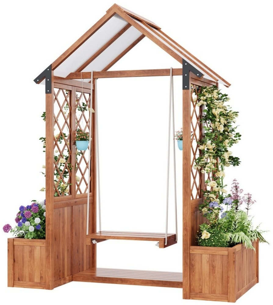 Merax Blumenkasten Pflanzkübel mit Outdoor-Schaukel und Sonnendach (1 St), Pflanzgefäß mit Spalier als Kletterhilfe, für Garten, Terrasse Bild 1