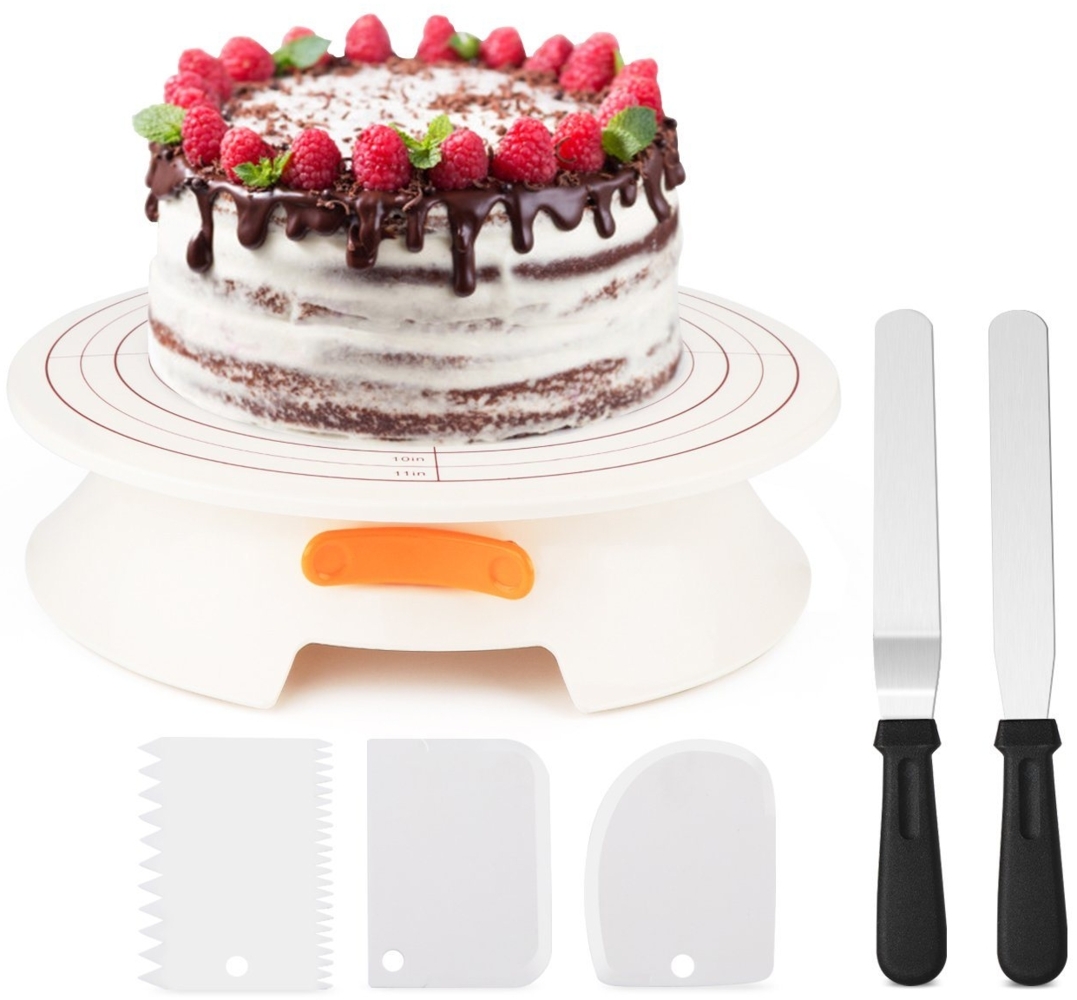 Homewit Tortenplatte Kuchenplatte Drehbar Abschließbar 30cm Tortenständer Kuchen Drehteller, (Set, 1-tlg, mit 2 Winkelpalette, 3 Icing Smoother), für Backen Gebäck, Zuckerguss, Mustern Bild 1