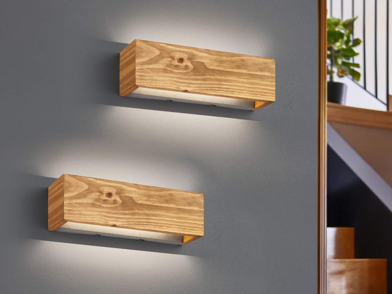 2er SET Up and Down LED Innen Wandlampen aus Echtholz, Breite 37cm Bild 1