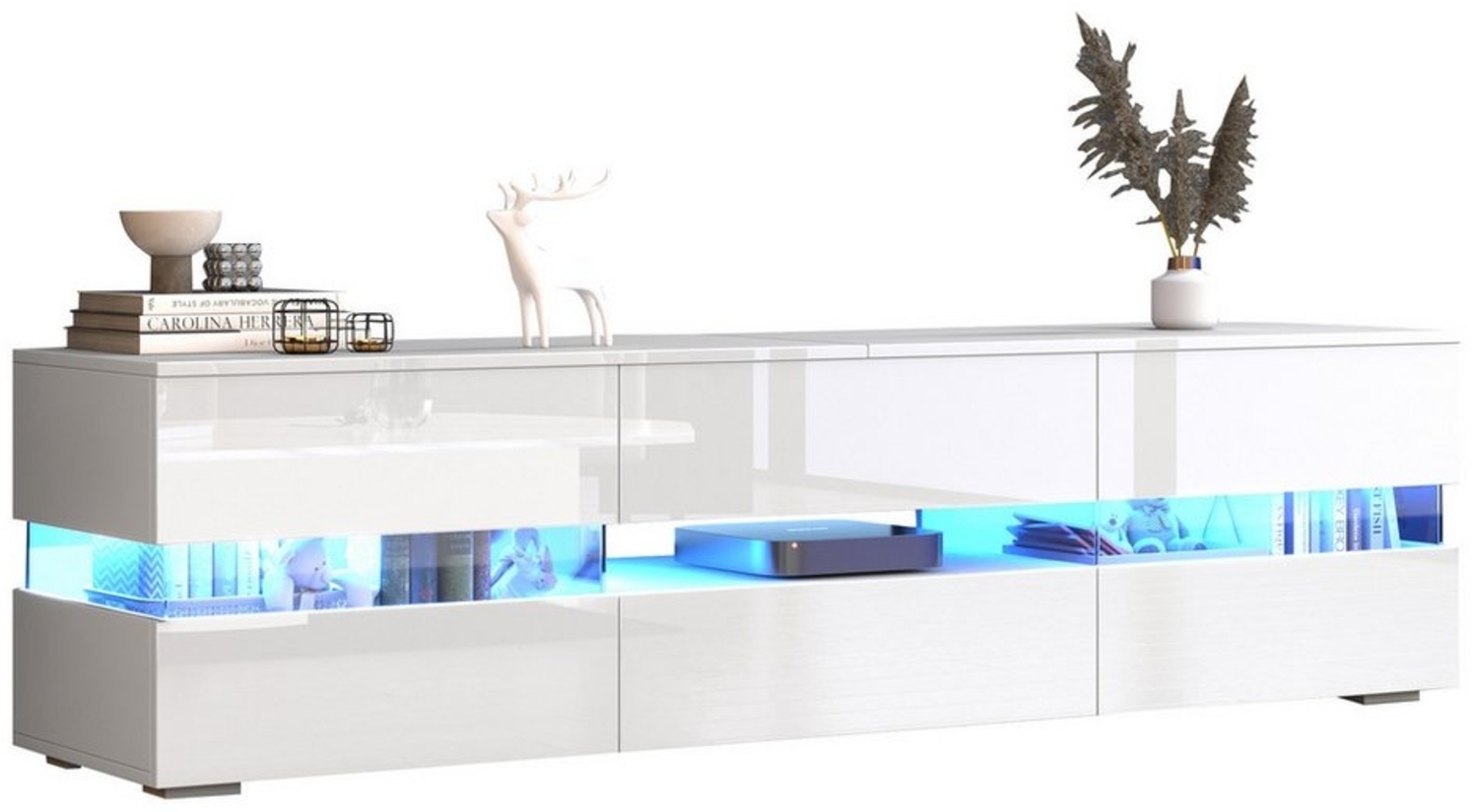HAUSS SPOLE Lowboard Hochglanz mit LED-Beleuchtung,offenes Fach, für 70-Zoll-Fernseher weiß (TV-Ständer, 1 St, 4 Türen, 1 Schublade und offenes Fach), Hochglanz-TV-Schrank mit Acryl-Glaseinsatz und Drucköffnung Bild 1