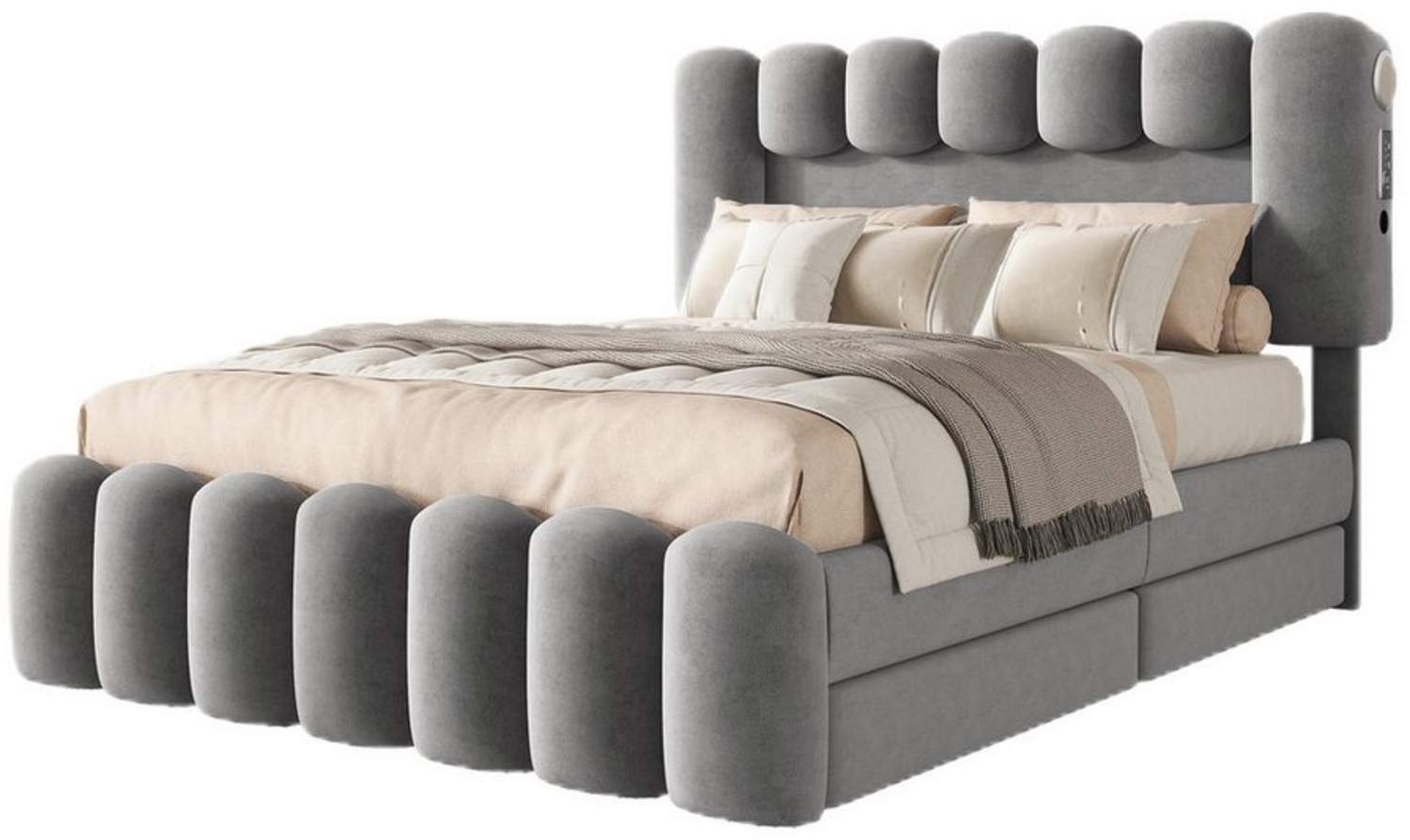 TavilaEcon Polsterbett Doppelbett Funktionsbett Stauraumbett mit 4 Schubladen, mit LED-Lichtleiste mit USB und Stereoanlage, 140 x 200cm Bild 1