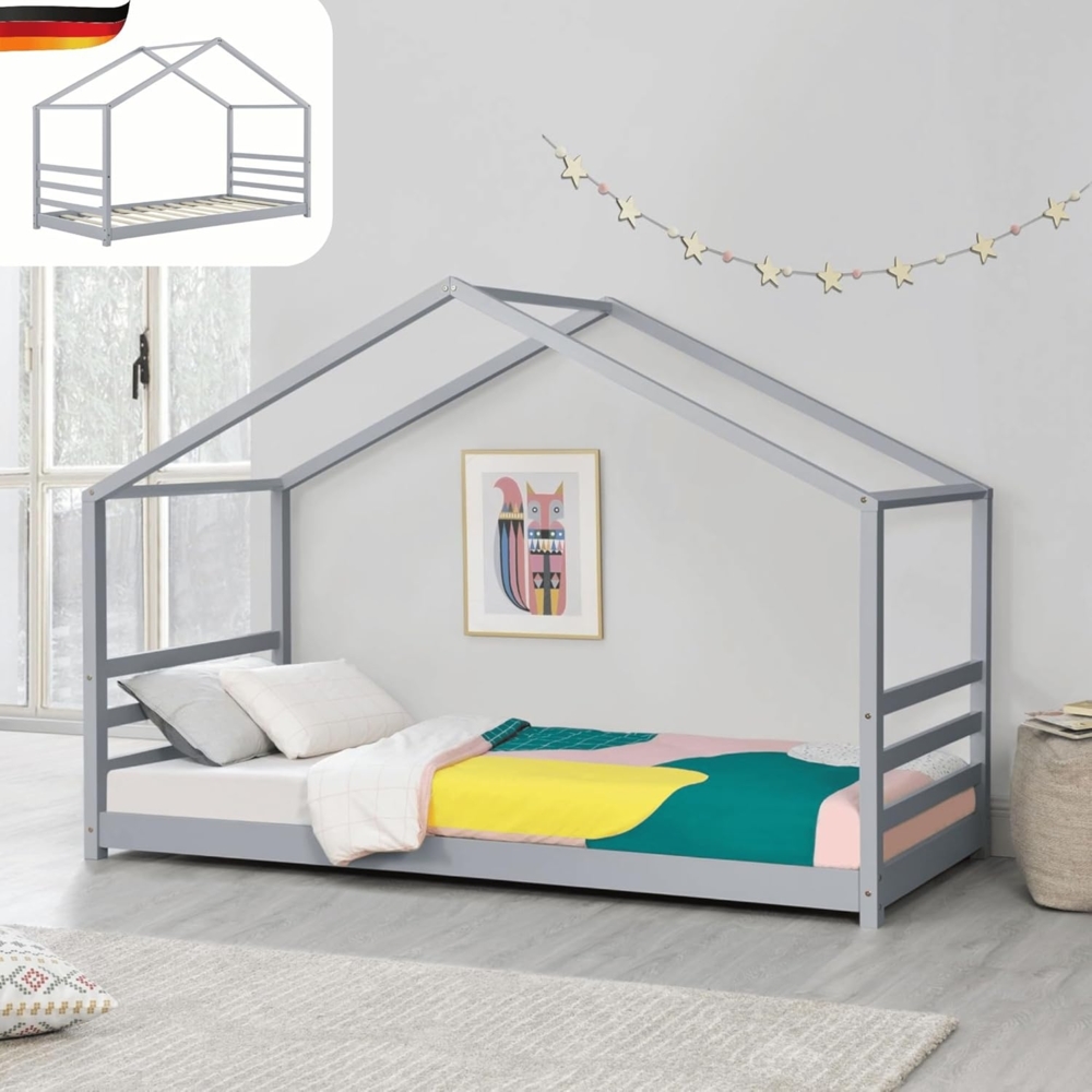 DELUKE® Kinderbett KLIO - mit Lattenrost Kiefernholz Haus-Optik Einzelbett aus Holz Hausbett Kinderzimmer Bodenbett Montessori Bett Grau 90x200 cm Bild 1