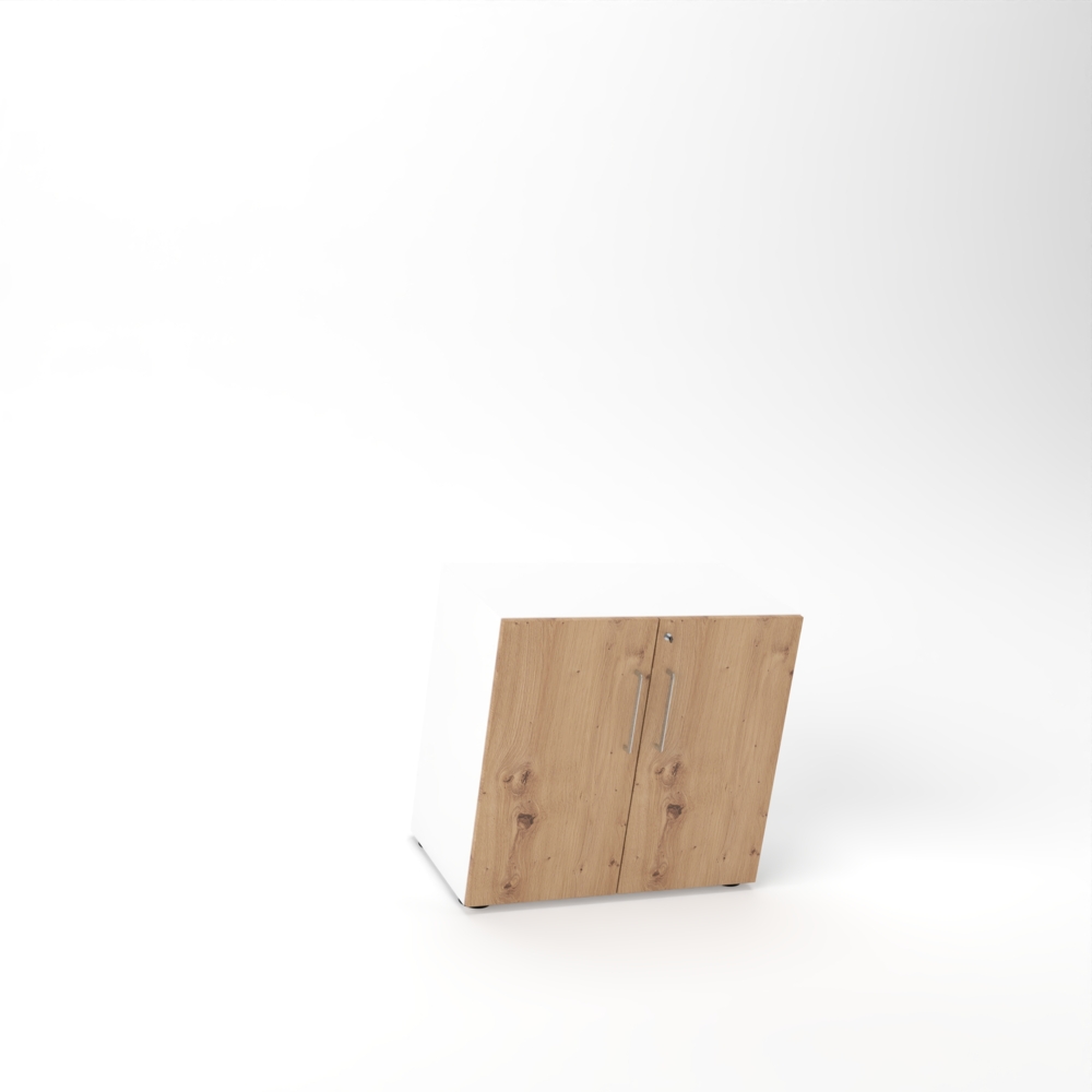 Rheinland Möbel Flügeltürenschrank Cabino 80×42×75 cm – abschließbarer Aktenschrank 2OH in Weiß/Asteiche mit 110° Drehtüren & Metallgriff Bild 1