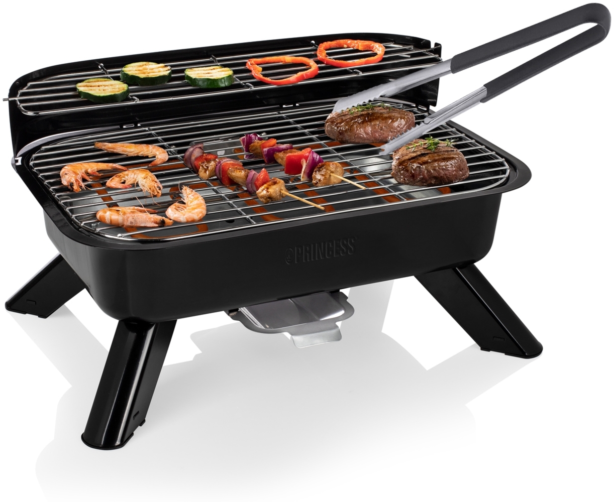 Princess Elektro- oder Holzkohlegrill mit Grillzange, Metall Schwarz, 44 x 28,5 cm 2000 Watt Bild 1