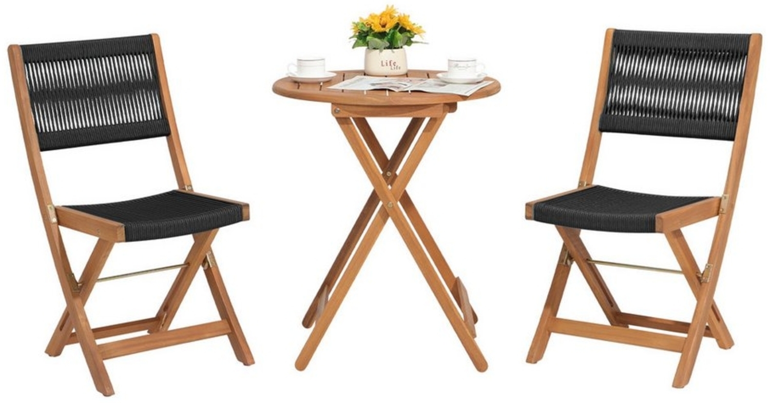 JOIVI Balkonset Bistro Set, Balkonmöbel klappbar, Gartenmöbel, (keine Montage erforderlich, Balkon Set aus 2 Stühle & Tisch, Sitzgruppe mit Geflochtene Seilkonstruktion), 3-tlg Sitzgarniture für Balkon, Garten, Hinterhof, Veranda, Schwarz Bild 1
