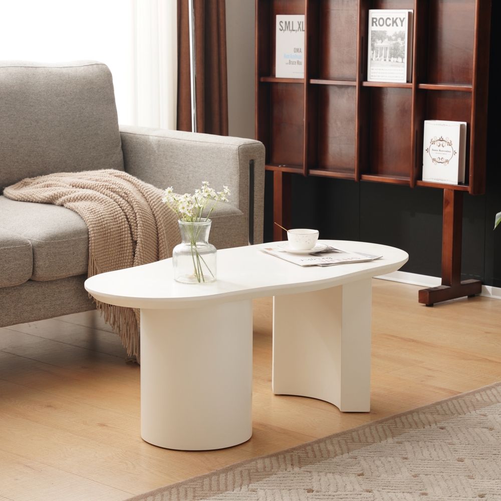 Merax 100 cm weißer unregelmäßiger Couchtisch - hochwertiges MDF, lackierte Oberfläche, zarte Haptik, unregelmäßige und elegant geschwungene Tischplatte Bild 1