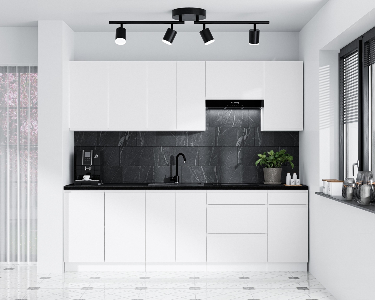 AX LIVING Aquileia Küchenzeile 240 cm – Weiß Matt mit Arbeitsplatte Vulkanisch Schwarz Bild 1