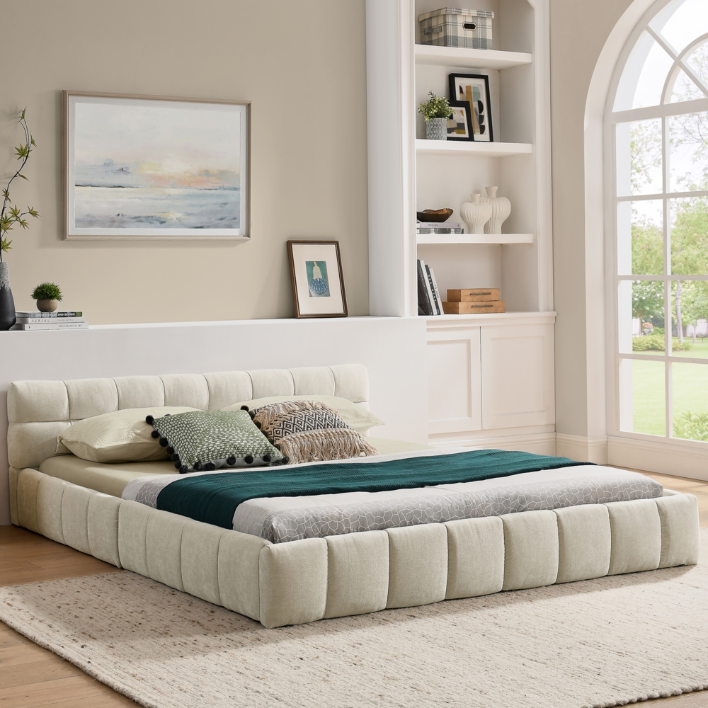 Chenille Bett 140x200 cm,Faltendes Design, 300 kg Tragkraft, Eukalyptus-Holz & Eisenrahmen,Beige Bild 1