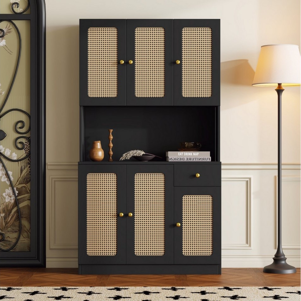 Merax Hochschrank mit Schublade und 6 Rattantüren Highboard mit Einlegeböden,Mehrzweckschrank,Küchenbuffet,Bücherschrank Bild 1