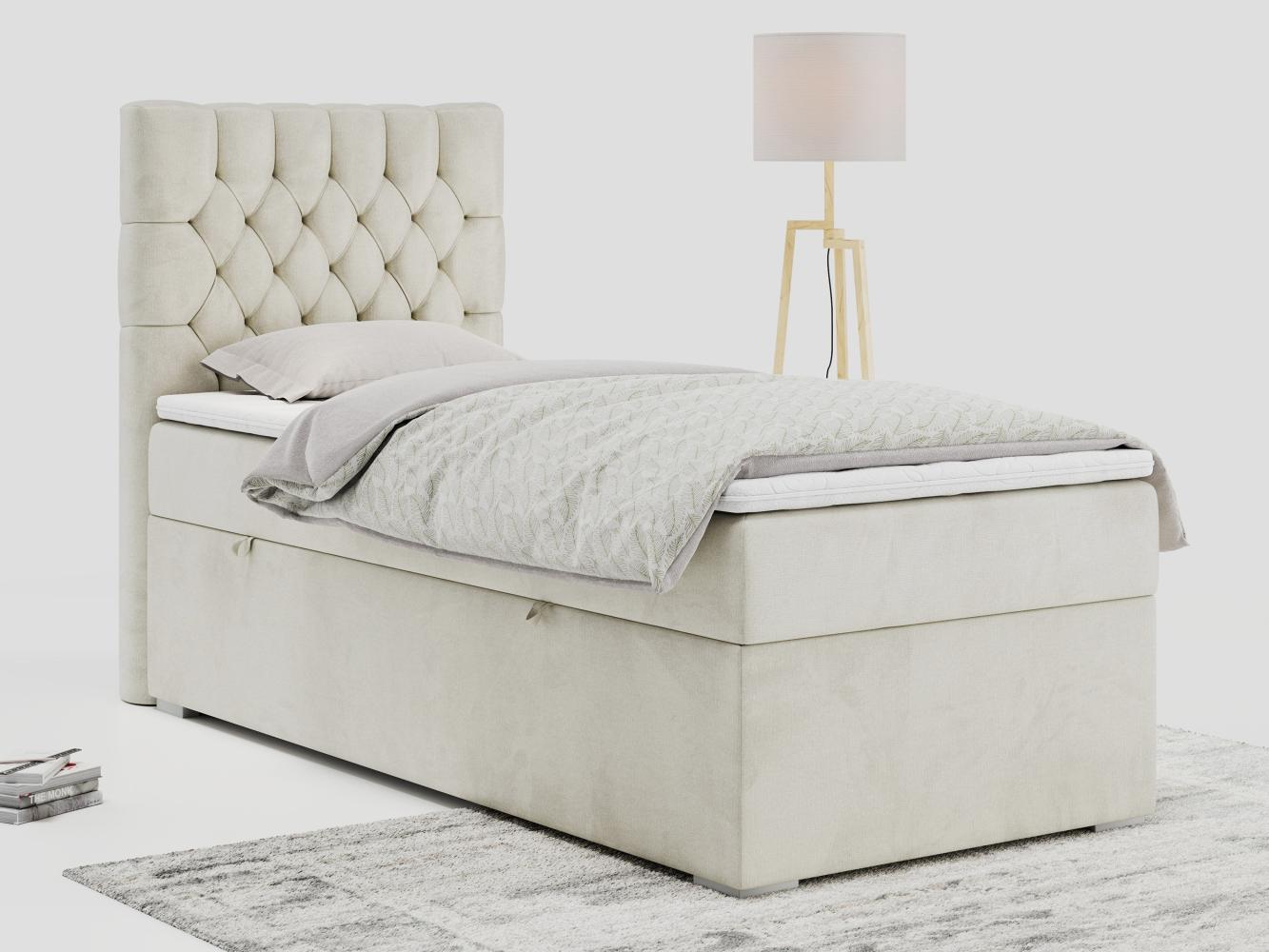 Boxspringbett PERA, Polsterbett mit Kopfstütze, gepolsterte Kopfstütze, Einzelbett, 90x200 - Beige Velours - links - H4 Bild 1