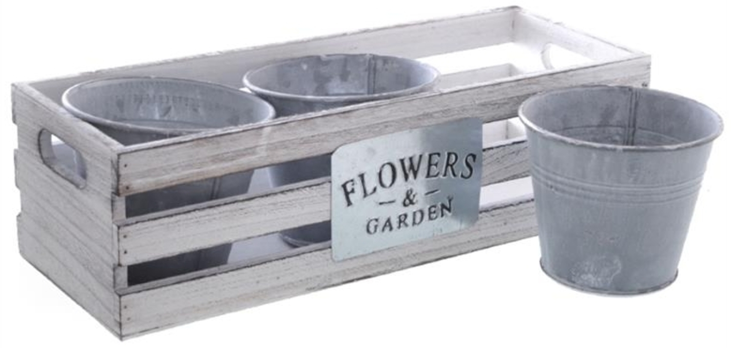 3 Pflanzentöpfe in Holzkiste im Shabby Look, Kräutertopf, Zink Blumentopf, Pflanzgefäß, Gartendeko für Draußen Bild 1