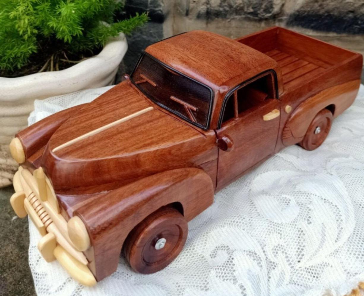 Casa Padrino Deko Oldtimer Pickup Auto Braun / Naturfarben 40x23 x H. 18 cm - Handgefertigtes Holz Auto - Wohnzimmer Deko - Schreibtisch Deko - Deko Accessoires Bild 1