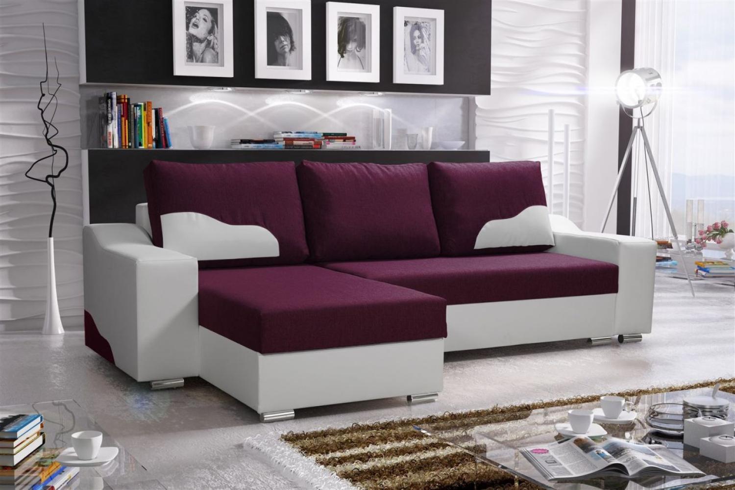 Ecksofa Sofa COLLIN mit Schlaffunktion Weiss / Violett Ottomane Links Bild 1