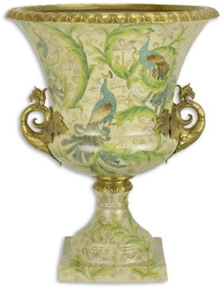 Casa Padrino Barock Blumentopf Beige / Mehrfarbig / Gold Ø 48 x H. 60 cm - Prunkvoller Porzellan Pflanzentopf mit 2 Bronze Griffen - Barock Deko Accessoires Bild 1