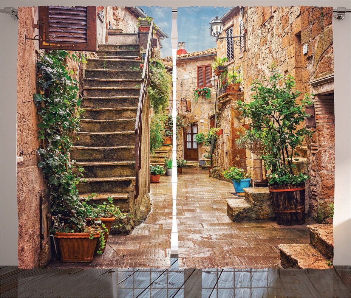Abakuhaus Gardine Schlafzimmer Kräuselband Vorhang mit Schlaufen und Haken, Italien Old Stone Street Häuser Bild 1
