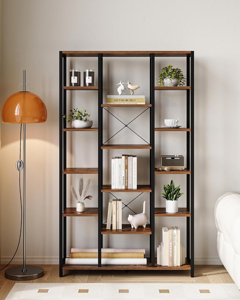 Bücherregal, Standregal mit 6 Ebenen 15 Ablagen, Verstellbare offene Ablagen, für Wohnzimmer, Büro, Schlafzimmer, 30 x 100 x 170 cm, Rustikales Braun Bild 1