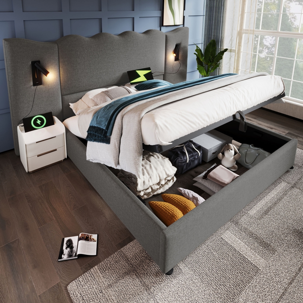 Merax Polsterbett Doppelbett 180×200 mit Leselampe und USB Type-C Ladefunktion, Stauraumbett Bettgestell mit Lattenrost aus Massivholz und Metall, Grau, Leinen (Ohne Matratze) Bild 1