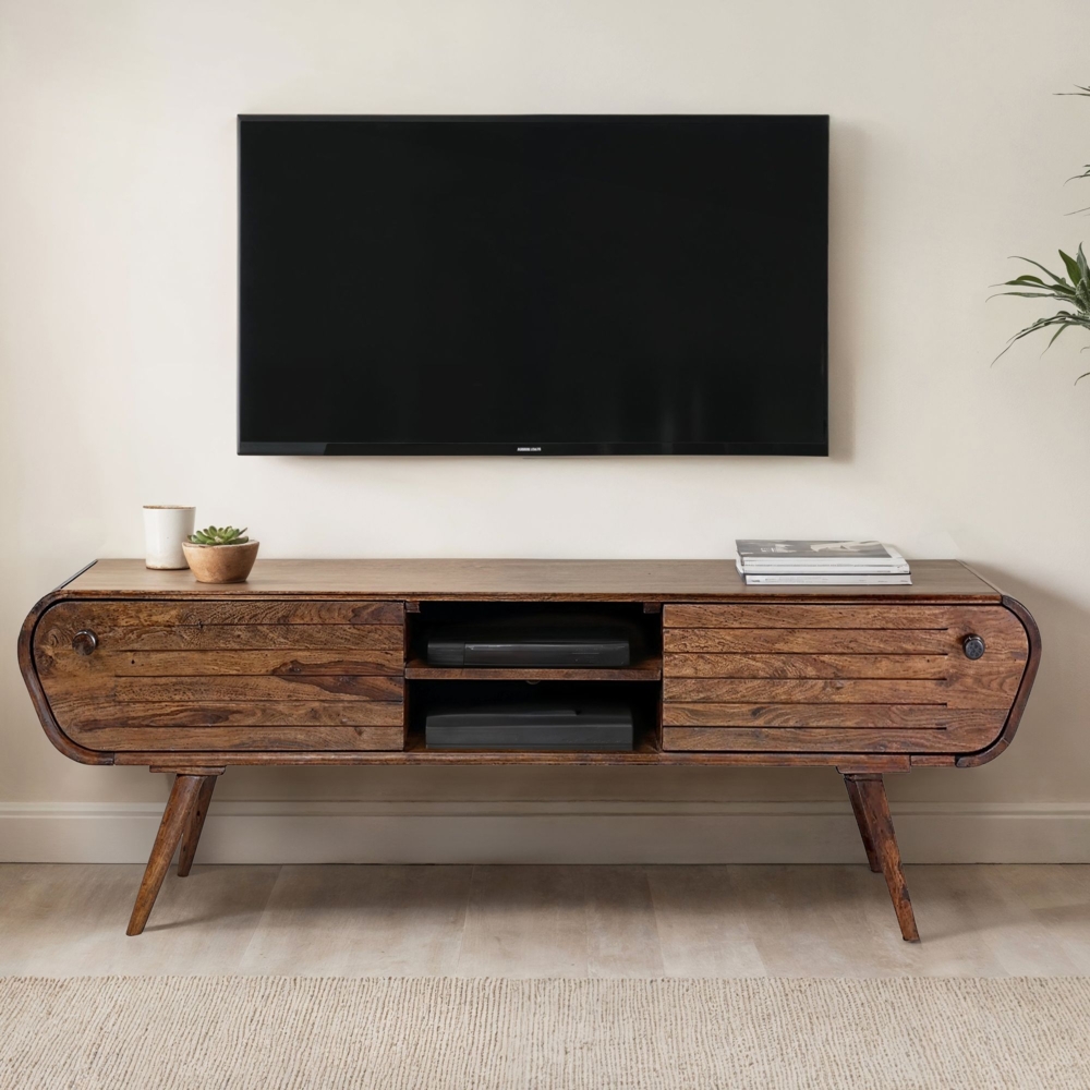 FINEBUY Lowboard TV Board Massivholz 160 cm Retro Schubladen Fächer (zwei Schubladen, 160x50x45 cm, Massivholz Vintage), TV-Schrank Retro Fernsehtisch, TV-Kommode Niedrig Bild 1